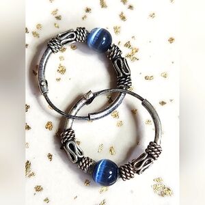 Silver and Blue Lapis Lazuli Bead Hoop Earrings